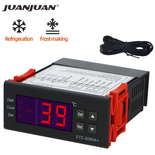 STC-8080A+ Temperature Controller – 12V/24V/220V Dual Sensor Cold Storage, Freezer & Refrigeration Regulator with Frost Alarm