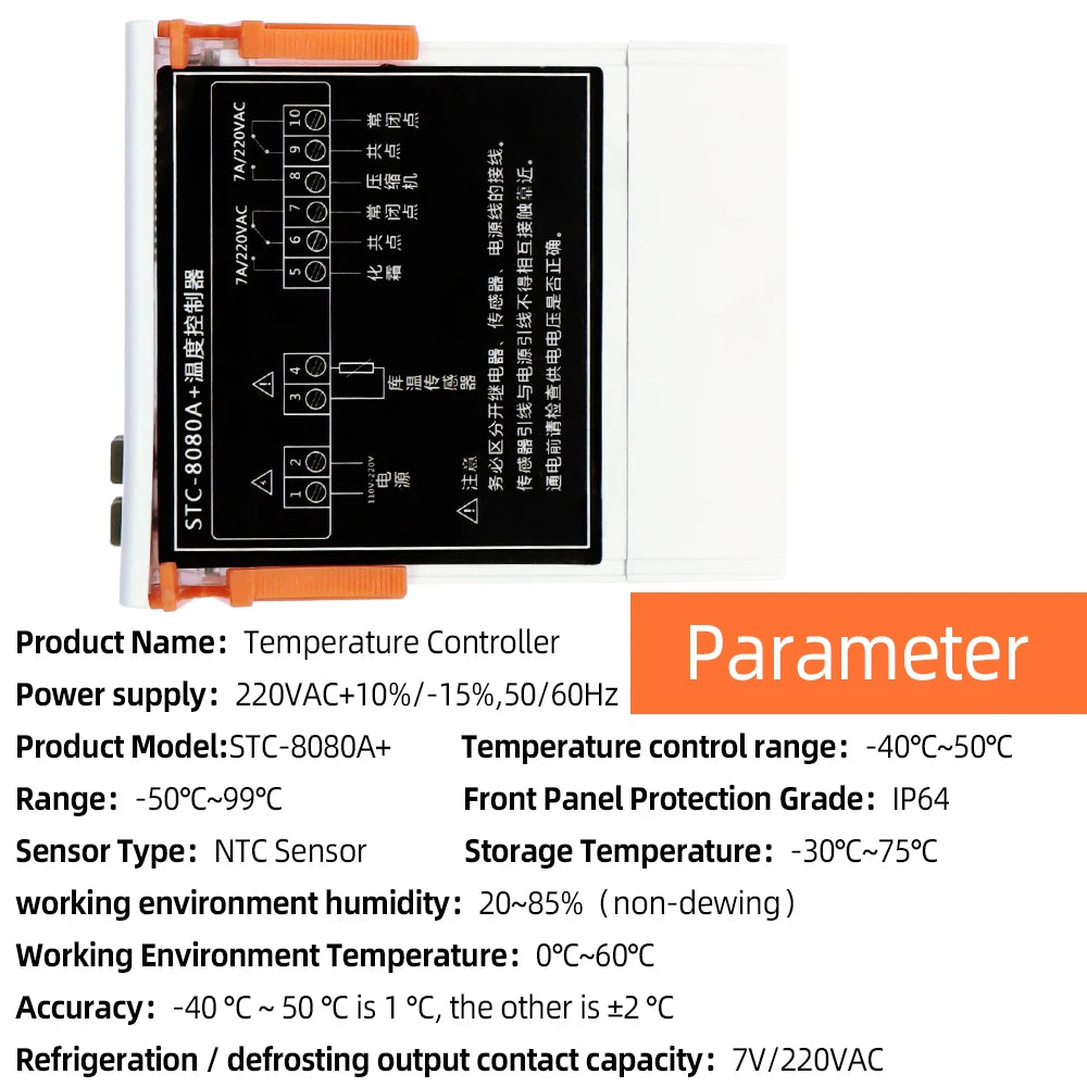 STC-8080A+ Temperature Controller – 12V/24V/220V Dual Sensor Cold Storage, Freezer & Refrigeration Regulator with Frost Alarm