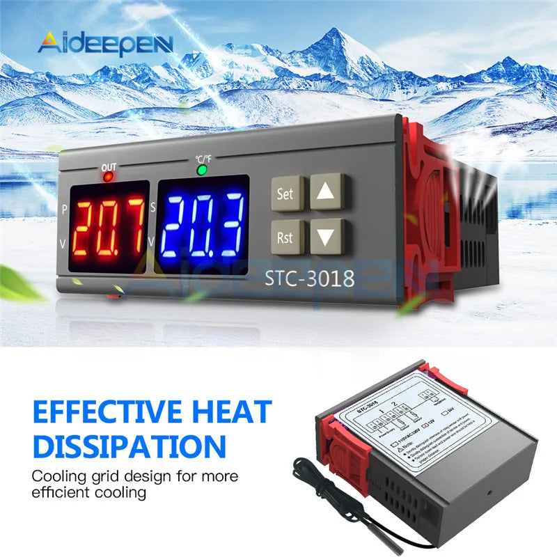 STC-3008 3018 3028 Dual Digital Temperature Controller Hygrometer C/F Thermostat Two Relay Output AC 110V 220V DC 12V 24V 10A