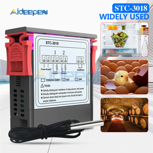 STC-3008 3018 3028 Dual Digital Temperature Controller Hygrometer C/F Thermostat Two Relay Output AC 110V 220V DC 12V 24V 10A