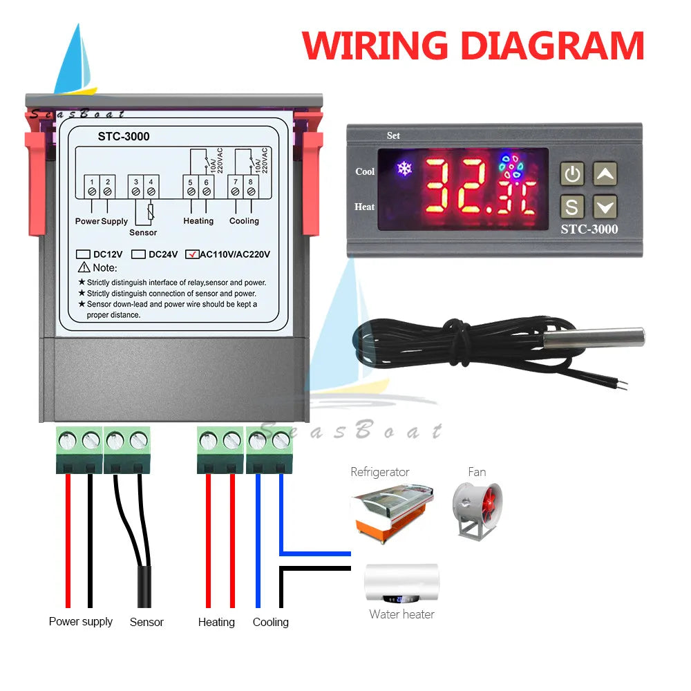 STC-3000 Digital Temperature Controller Thermostat with Sensor – Heating & Cooling Switch (12V/24V/110V/220V)