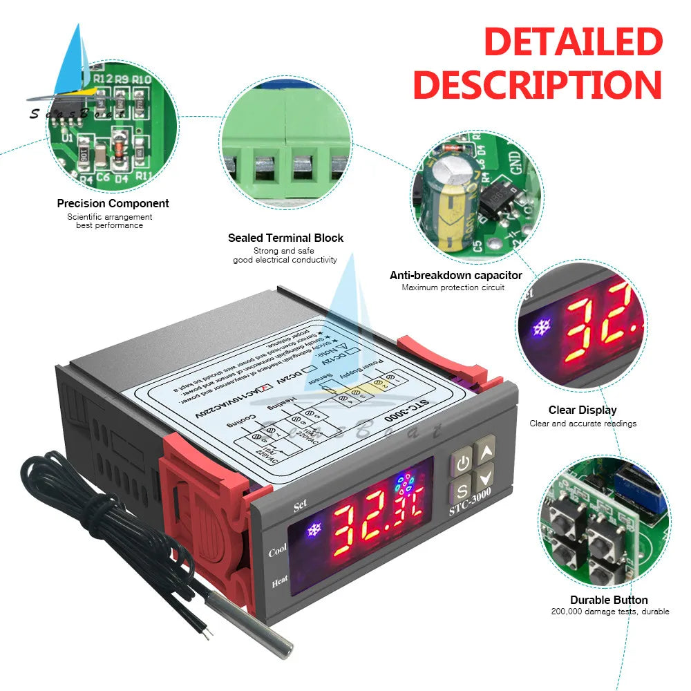 STC-3000 Digital Temperature Controller Thermostat with Sensor – Heating & Cooling Switch (12V/24V/110V/220V)