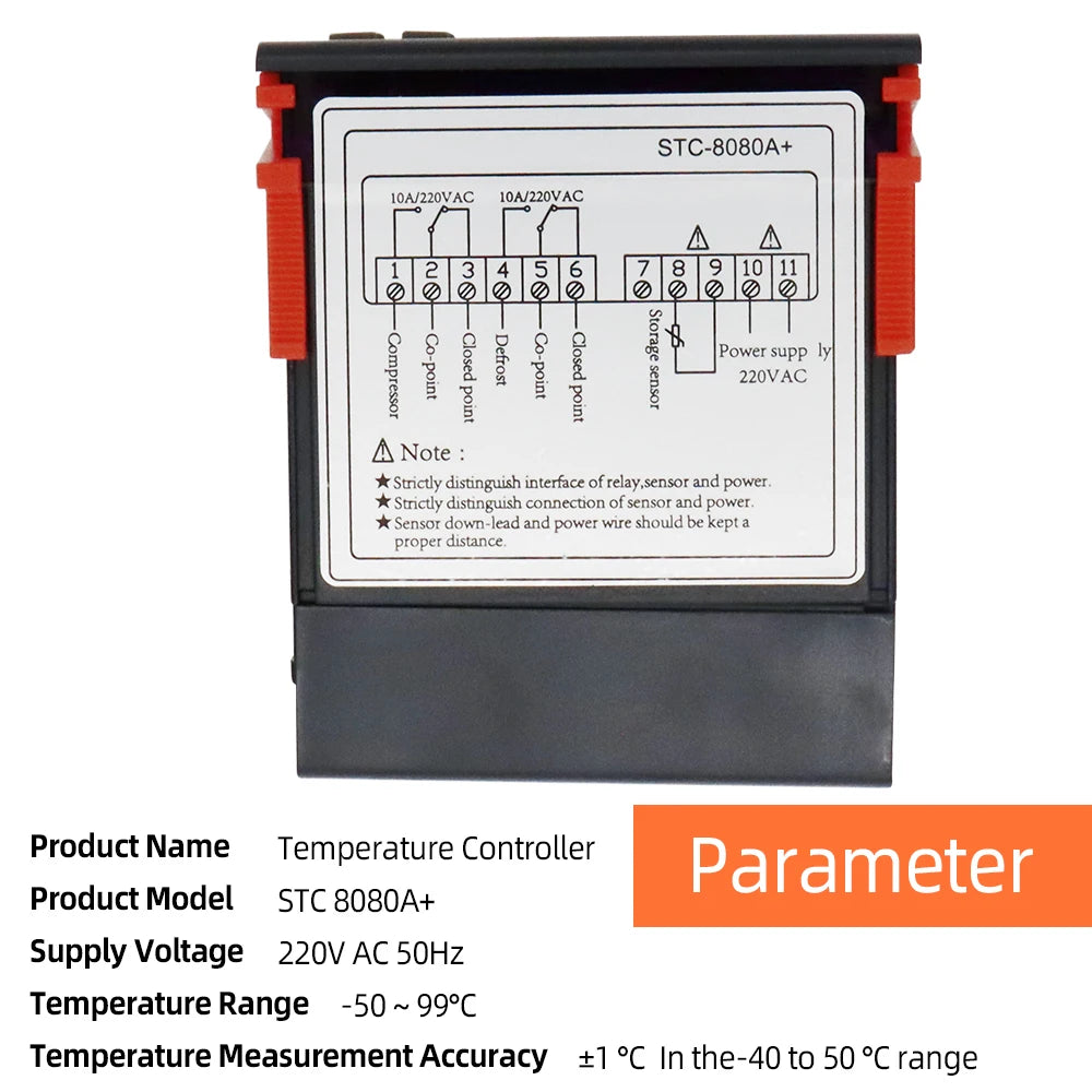 STC-8080A+ Temperature Controller – 12V/24V/220V Dual Sensor Cold Storage, Freezer & Refrigeration Regulator with Frost Alarm