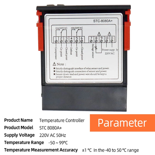 STC-8080A+ Temperature Controller – 12V/24V/220V Dual Sensor Cold Storage, Freezer & Refrigeration Regulator with Frost Alarm