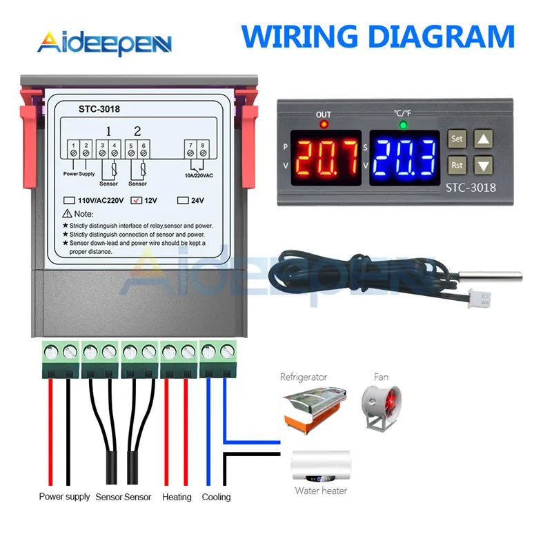 STC-3008 3018 3028 Dual Digital Temperature Controller Hygrometer C/F Thermostat Two Relay Output AC 110V 220V DC 12V 24V 10A