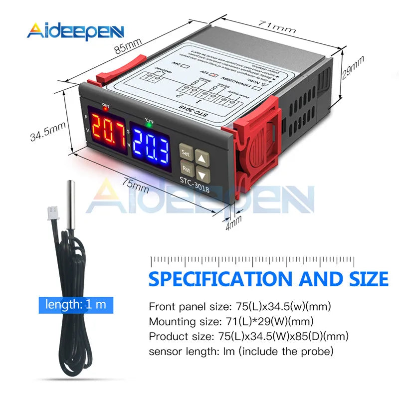 STC-3008 3018 3028 Dual Digital Temperature Controller Hygrometer C/F Thermostat Two Relay Output AC 110V 220V DC 12V 24V 10A