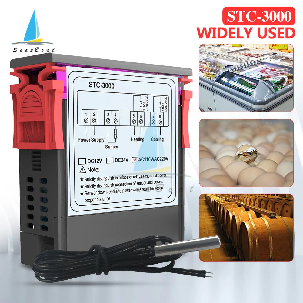 STC-3000 Digital Temperature Controller Thermostat with Sensor – Heating & Cooling Switch (12V/24V/110V/220V)