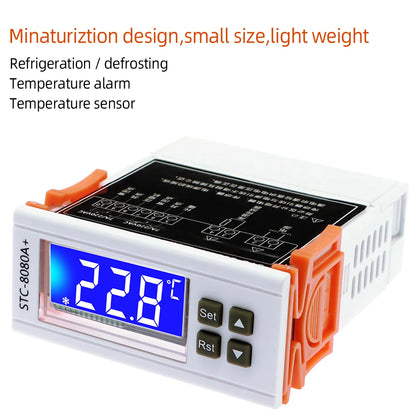 STC-8080A+ Temperature Controller – 12V/24V/220V Dual Sensor Cold Storage, Freezer & Refrigeration Regulator with Frost Alarm
